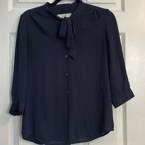 Loft Navy Tie Neck Blouse